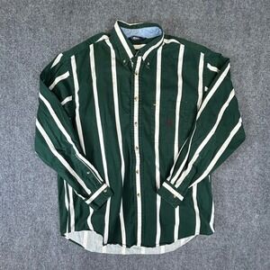 Nautica Mens Green White Striped Long Sleeve Button Down Shirt Large L Cotton